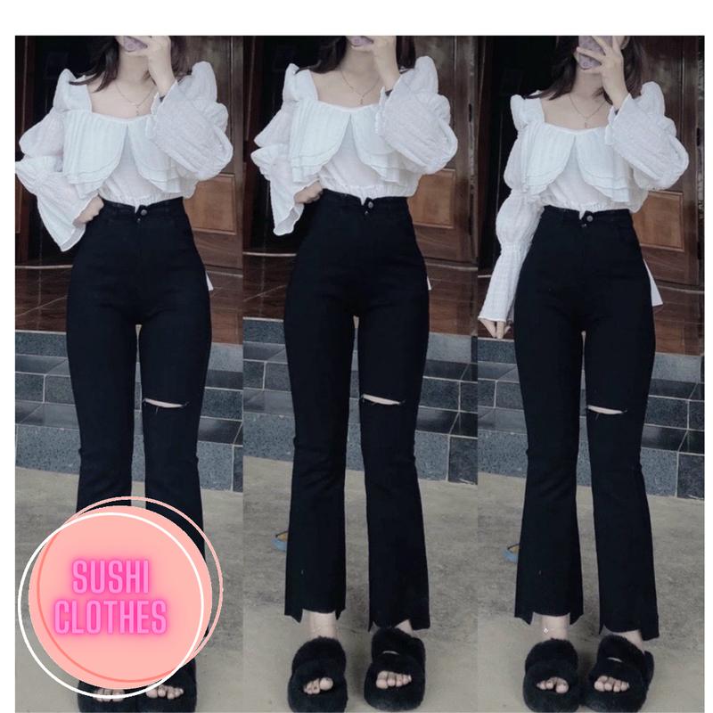 Quần JEAN ống Loe Bò giấy Rách gối, cắt gấu - Mẫu Mới - Mềm Mịn Co Giãn 4 chiều (Có big size tới 5xl) Nữ Women Kem Voi Pants Đen