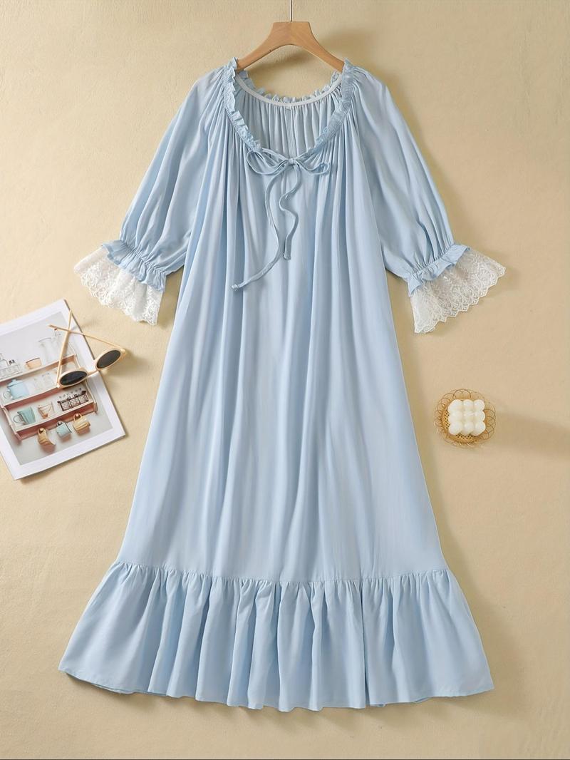 Product Introduction of Women's Contrast Lace Frill Ruffle Hem Tie Neck Nightdress, Casual Soft Comfortable Colorblock Flounce Sleeve Nightgown for Summer, Fashion Ladies' Sleepwear for Daily Wear 1