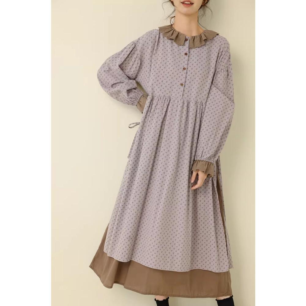 CHICMORE Gaun Manis Kerah Setengah Terbuka Bermotif Bunga Lengan Panjang