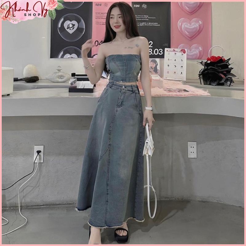 Set váy - đầm jean bò denim cúp ngực, áo quây ngực chun lưng phối chân váy jean dáng dài siêu hot Nữ Women