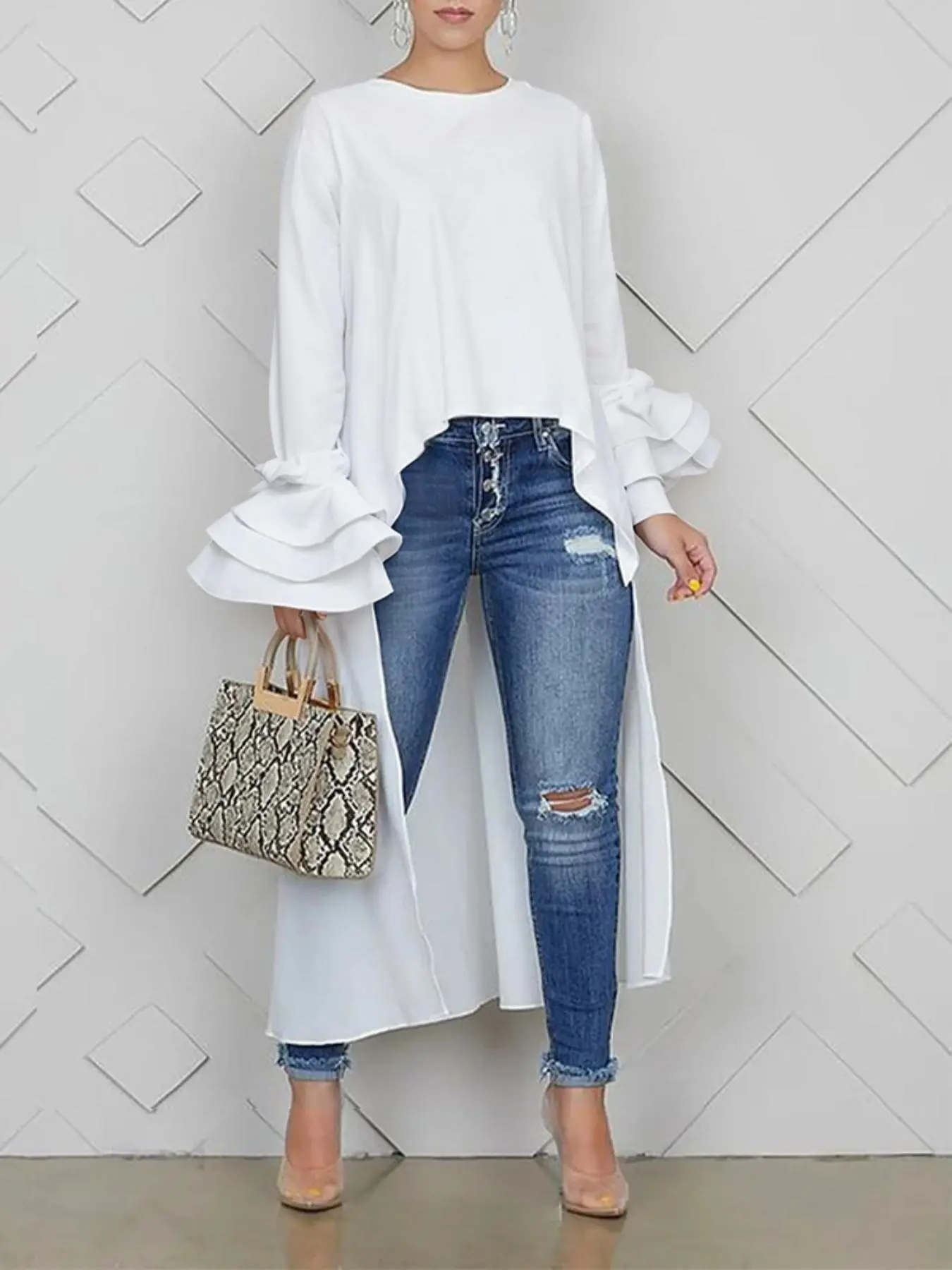 Women's Plain Long Sleeve High Low Blouse, Casual   Top for Daily Wear, Ladies Clothes for All Seasons
