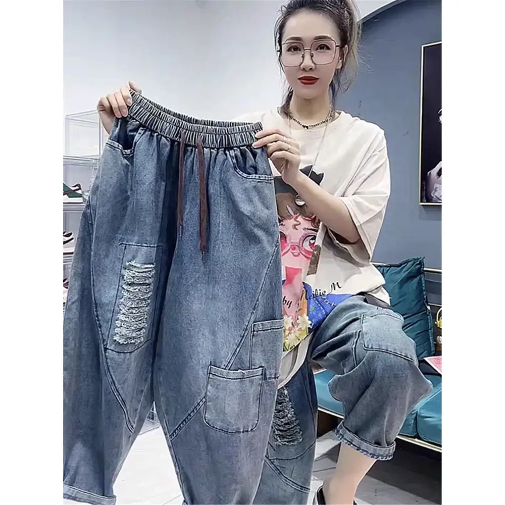 Summer Fat mm 100.00kg plus Size Denim Daddy Pants Female Thin Elastic Waist Ripped Harem Pants Retro Baggy Pants