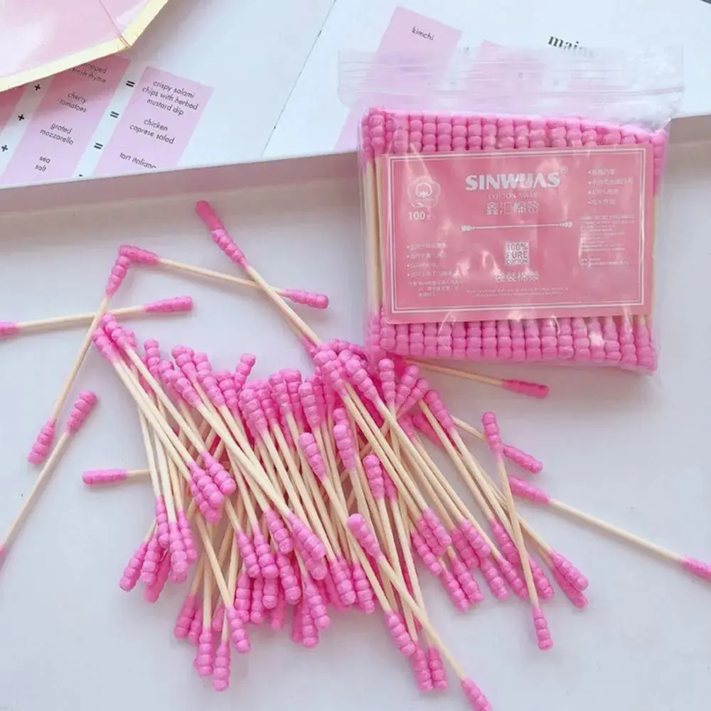 100 Pcs/Pack New Pink Disposable Cotton Swab Double Head Ear Clean Clean Wooden Sticks Cotton Swab Sticks Nose Ears Cleaning