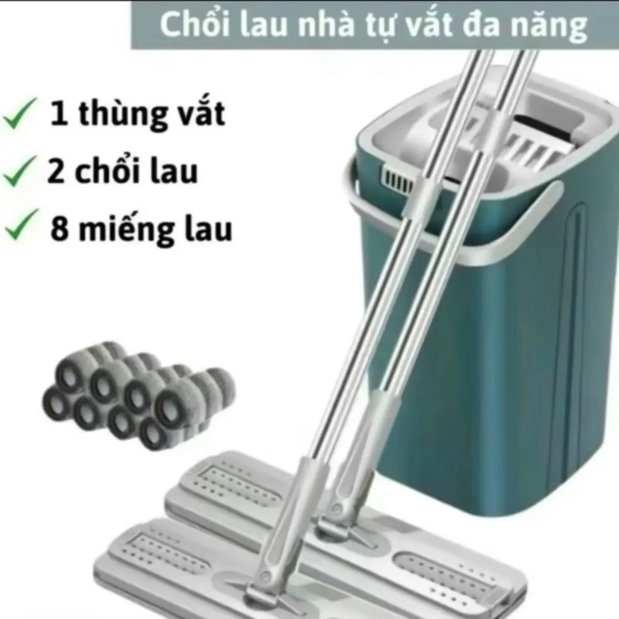 Bộ cây lau nhà ( 1 Thùng + 2 Cây Lau + 8 bông lau ) tự vắt thông minh đầu xoay 180 độ tiện lợi Lau Sàn Làm Sạch Inox