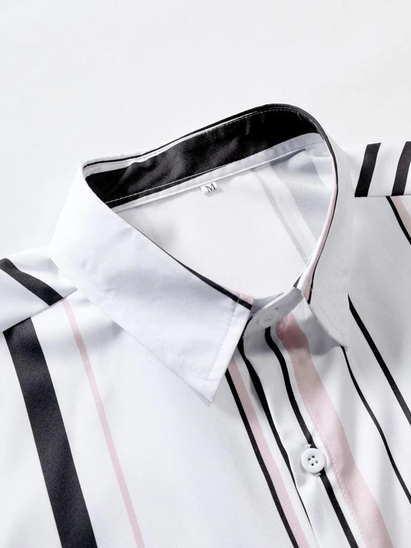 Product Introduction of Men's  Striped Print Short Sleeve Shirt, Regular Fit Casual Button Up Top for Summer, Fashion Men's Top for Daily Wear 5