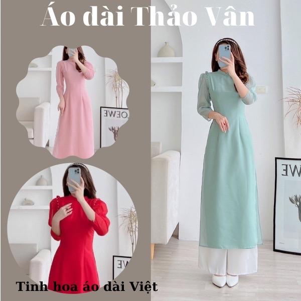 Áo Dài Cách Tân Thiết Kế Tay Bồng Lỡ 3 Màu Xanh Hồng Đỏ Đính Ngọc Siêu Xinh