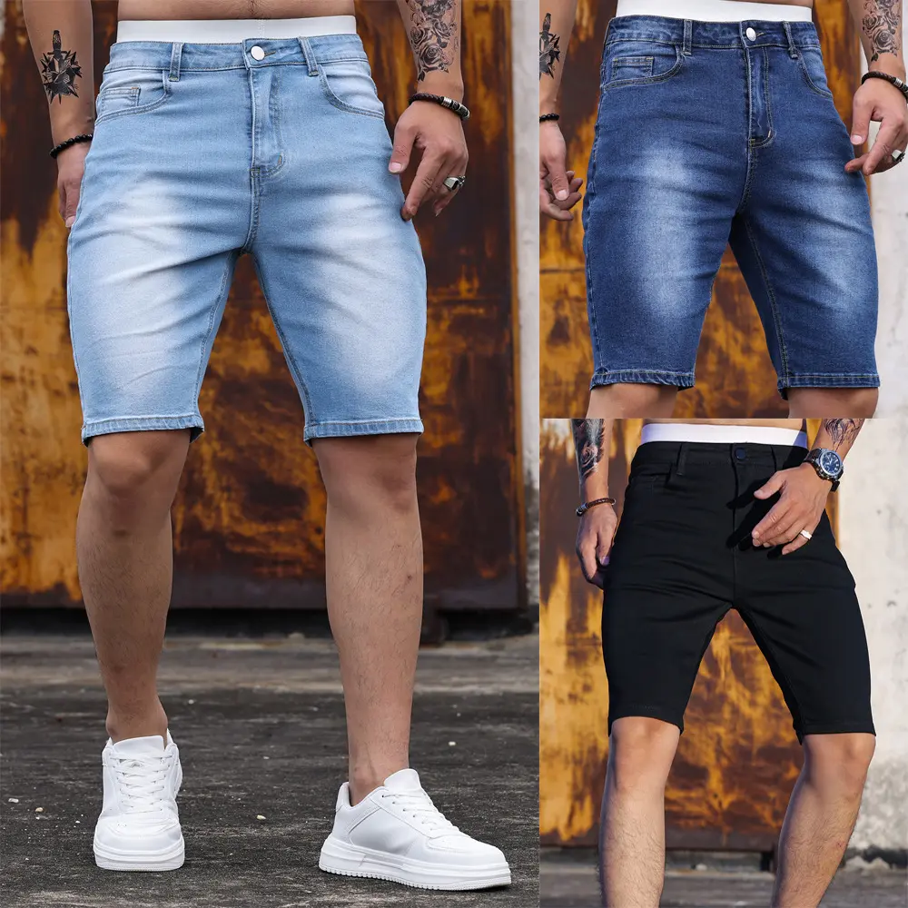 Cross-border New Summer European and American Men's Three-color Stretch Skinny Denim Five-point Shorts Mid-length Pants