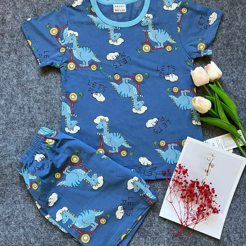 Bộ đồ bé trai hoạ tiết khủng Long hoạt hình Let’s play, vải xuất Hàn mềm nhẹ, co giãn 8kg đến 35kg, thấm hút mồ hôi