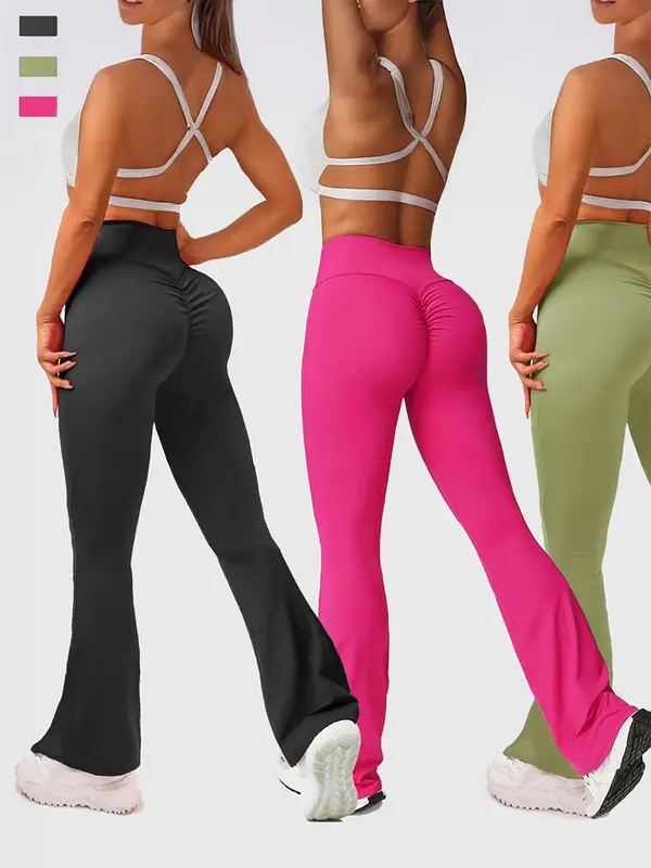 Women's Plan High Waist Ruched Flare Leg Sports Tummy Control Leggings, Sporty Bell Bottom Yoga Leggings, Ladies Sportswear for Yoga Gym Fitness 5