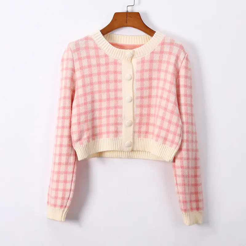 TELLY 079 Kardigan Cardigan Long Sleeve Knit Pakaian Wanita Cardigan Motif Kotak-Kotak Baju Kancing Lembut Panjang   Sweater Knitwear Atasan 3