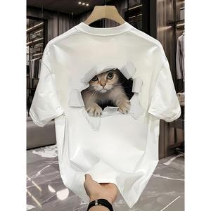 トレンドブランドプリントの厚手Tシャツ、メンズ純綿半袖、夏のカジュアル万能トップス