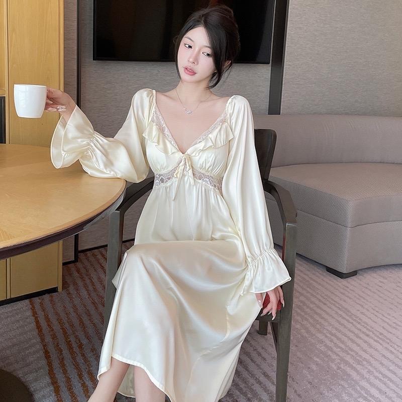 V216 - Váy ngủ lụa mặc nhà dáng dài tay bồng tiểu thư hàng QC cao cấp tag Lyly Dress Nữ