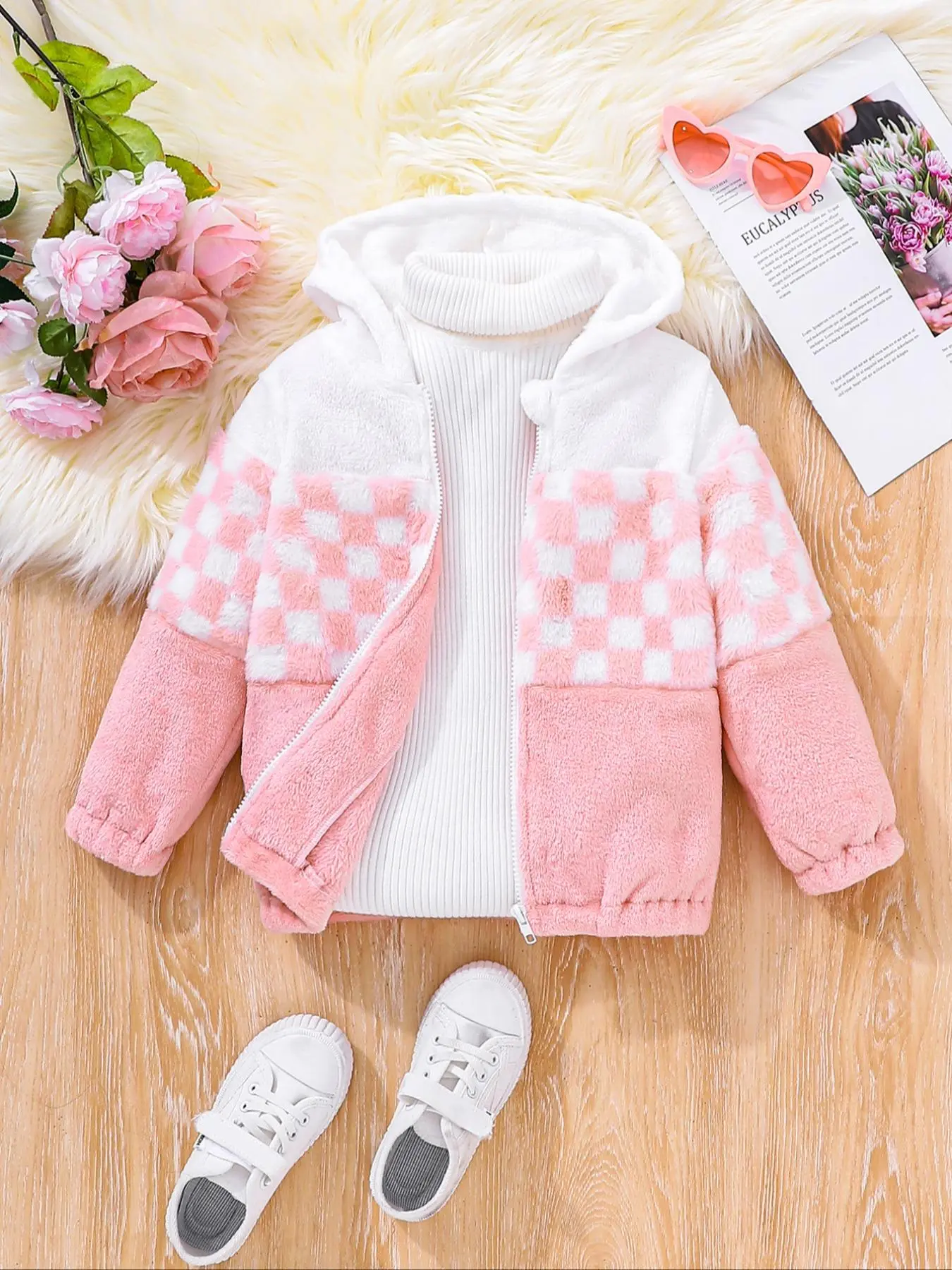 Girl's Colorblock & Plaid Print Zip Up Plush Hooded Coat, Casual Long Sleeve Hooded Outerwear for Fall & Winter, Kids Clothes for Daily Wear, Fashion Jackets