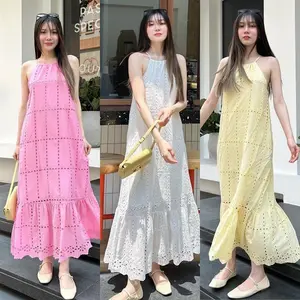 D1613 LILIAN KOREAN STYLE EYELET VINTAGE MAXI DRESS HALTER PANTAI SIMPLE POLOS KATBOL BALI