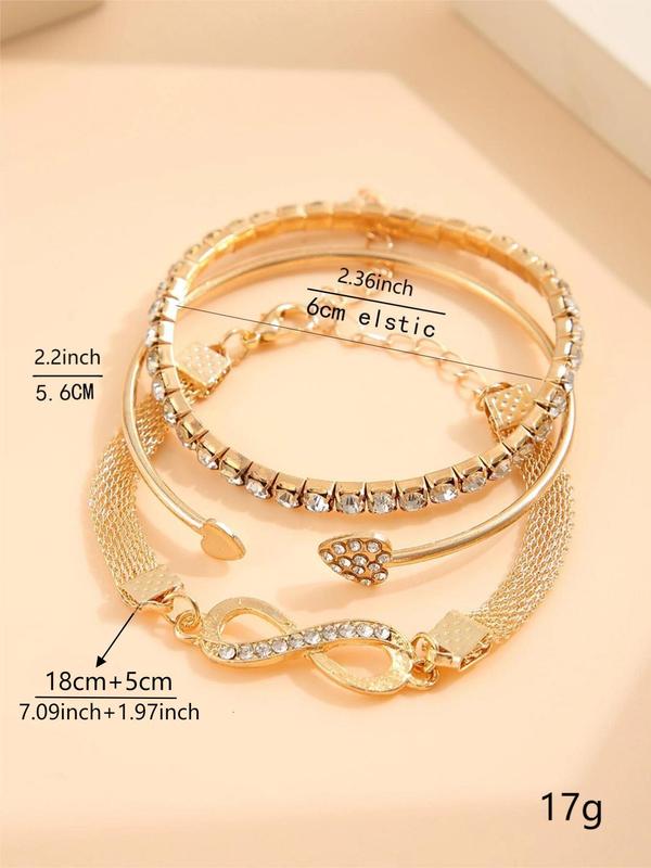 3pcs/set Women's Minimalist Elegant Rhinestone Decorated Heart Design Bracelets Bangle, Fashion Accessories for Party, All-match Fashion Jewelry for Daily Wear, Girls Birthday Gift, Valentine's Day, Gift, Bracelets Stack 5