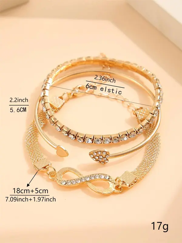 3pcs/set Women's Minimalist Elegant Rhinestone Decorated Heart Design Bracelets Bangle, Fashion Accessories for Party, All-match Fashion Jewelry for Daily Wear, Girls Birthday Gift, Valentine's Day, Gift, Bracelets Stack 5