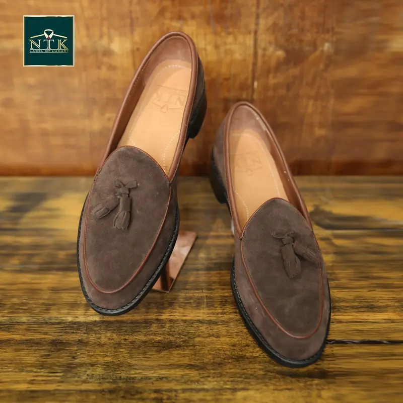 tassel suede Loafer shoes nâu coffee Mũi tròn  đế Cao Su pháp khâu cấu trúc Mckay GiàY 1