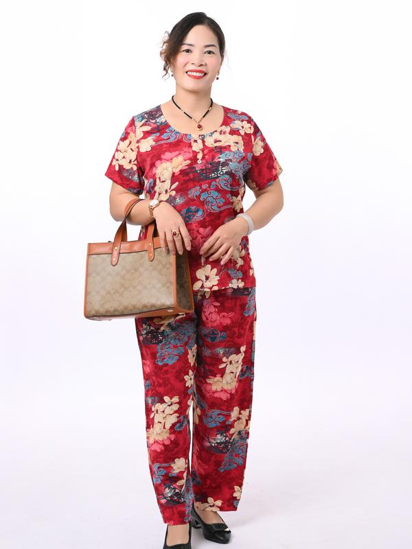 (DÀI TAY NGẮN XXL) đồ bộ LỤA TƠ TẰM in hoa lá  cao cấp BIG SIZE cho mẹ và bà tay ngắn, quần ống rộng, mềm mại , mịn mát Voi Ong Women Nữ dobo Áo Sen Top đobo tang me 4