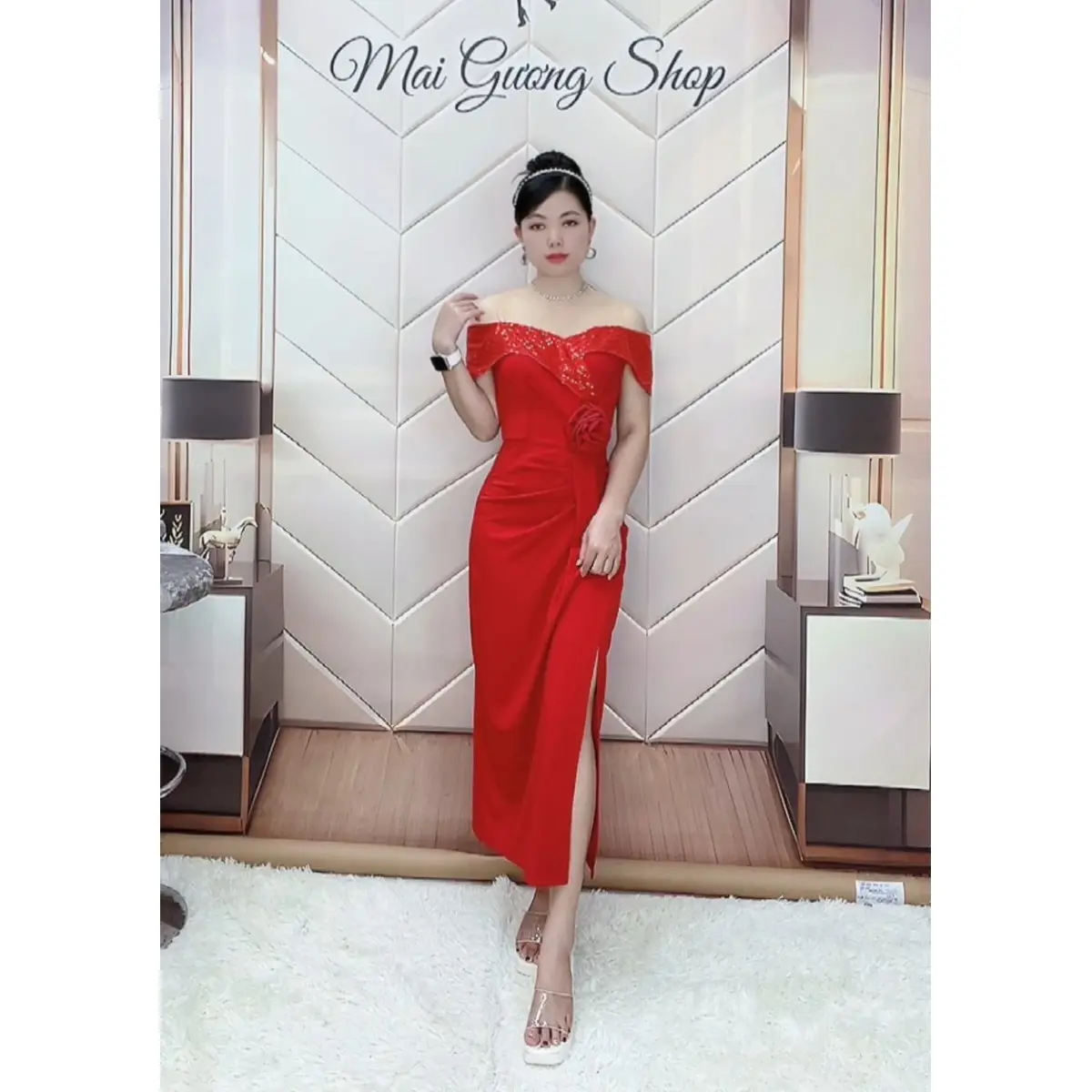 Mai Gương Shop V3393 Váy Maxi Dự Tiệc Dáng Trễ Vai Kim Sa Sang Trọng