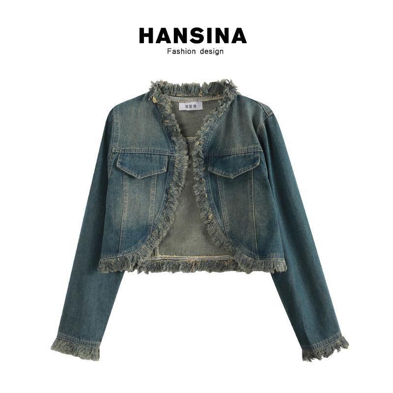 Áo Khoác Denim Mỹ, Hansinan, Dành Cho Nữ, Mùa Xuân Và Mùa Thu, Thiết Kế Đẹp, Viền Sờn Độc Đáo Áo Khoác Nhỏ Ngắn, Xu Hướng Năm 2025 1