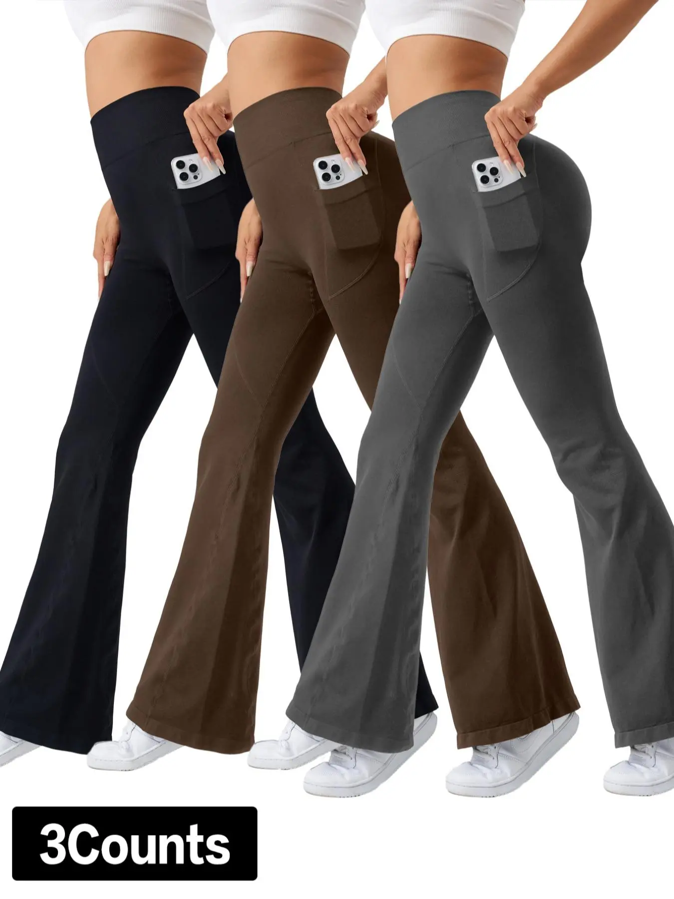 Women's Solid Pocket Flare Leg Sports Leggings, Casual Comfy High Waist Bell Bottom Trousers for Yoga Gym Workout, Ladies Sportswear for All Seasons