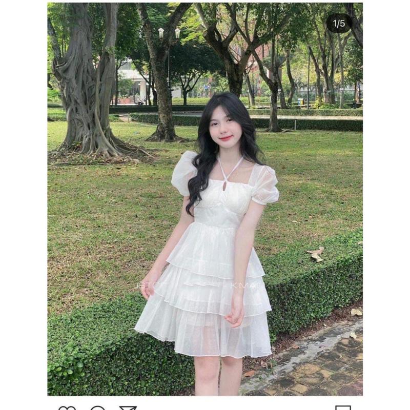 Váy babydoll dáng dài tay phồng 3 tầng cổ vuông tay bồng thắt dây-đầm dự tiệc đi chơi sang trọng màu trắng hàn quốc, EYE2 STORE