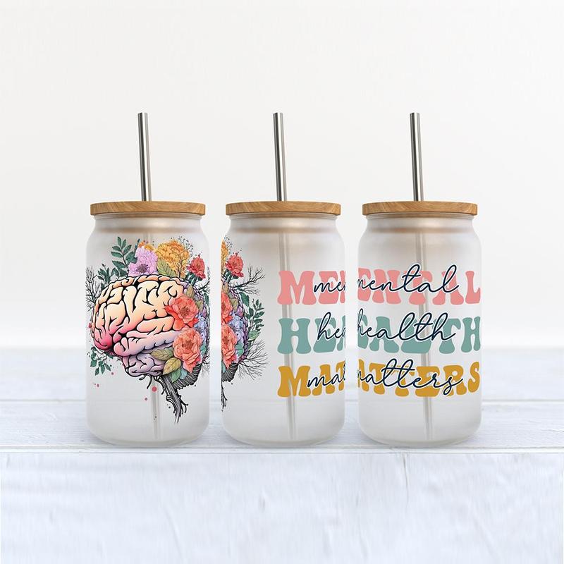 Mental Health Design Cup Wrap Transfer Sticker, 4 Counts/set Drinking Wraps Sticker For 16 OZ Libby Glass, Decor Sticker For Coffee Milky Cup Glass Bottle 5