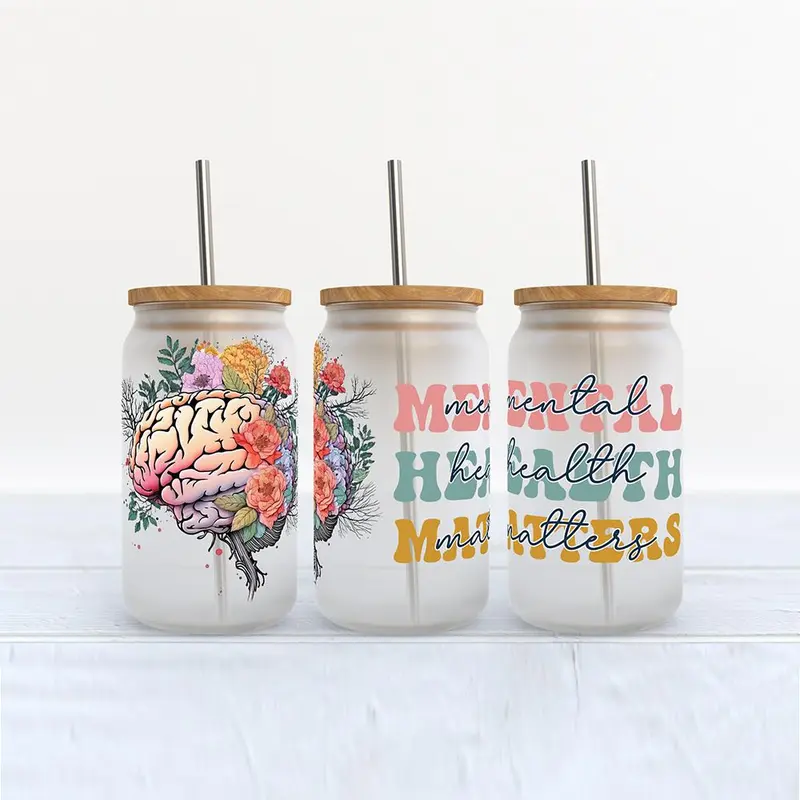 Mental Health Design Cup Wrap Transfer Sticker, 4 Counts/set Drinking Wraps Sticker For 16 OZ Libby Glass, Decor Sticker For Coffee Milky Cup Glass Bottle 4