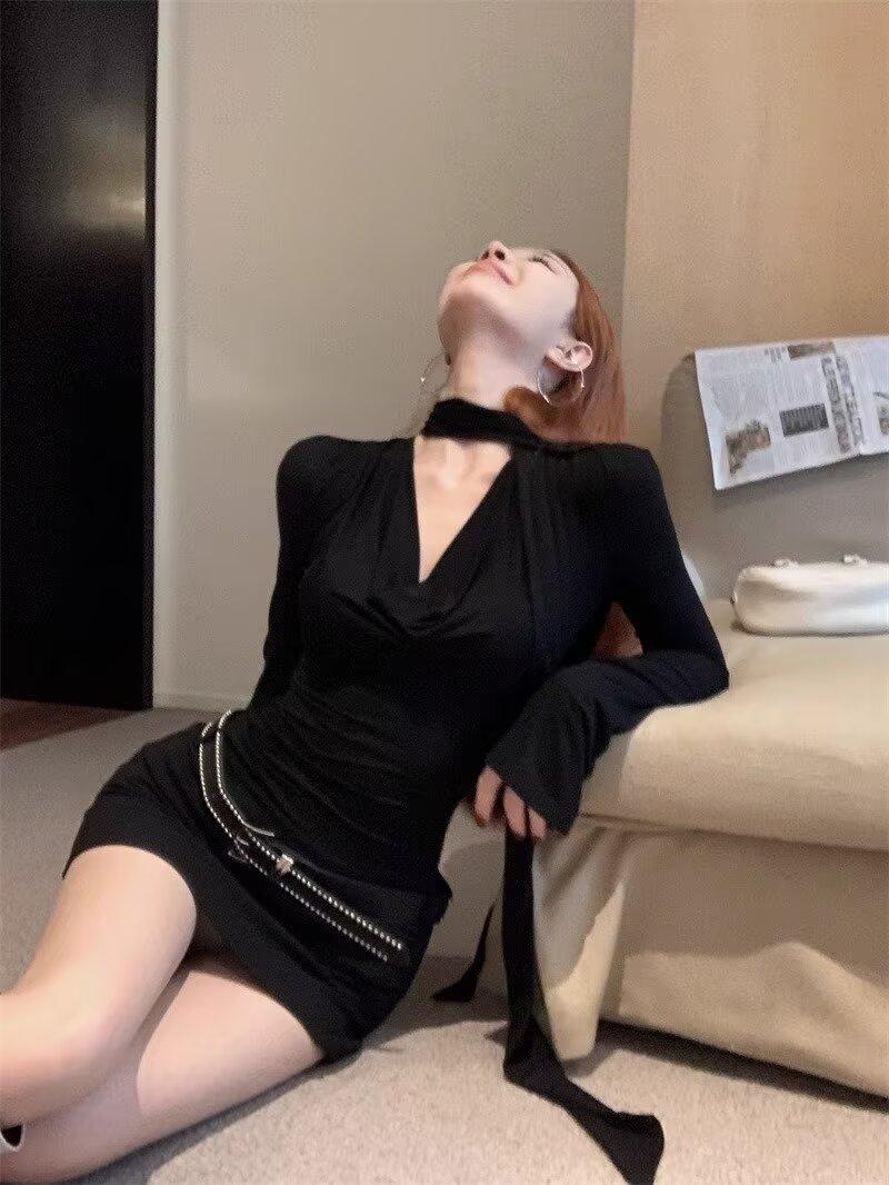 Product Introduction of New Women's Fashion Sister American Style Spaghetti Strap Long Sleeve Dress for Women Autumn New Waist-Cinching Elegant Sexy Bodycon Short Dress 7