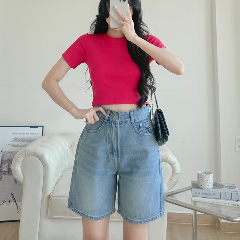   Dài 45cm  Quần Ngố Jeans Lưng Cao Thêu Nơ Trước Sau Vải QC Mềm Thảo Xinh Store 40-65kg 