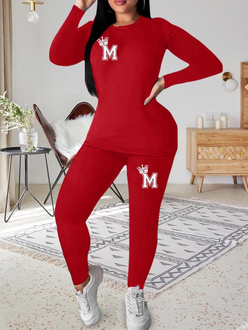 Product Introduction of Women's Crewneck Graphic Tee & Elastic Waist Pants Set, Chic Long Sleeve Crew Neck T-shirt & Skinny Pants Co-ord Set, Casual Outfits for Lady, Comfort Womenswear Suits 16