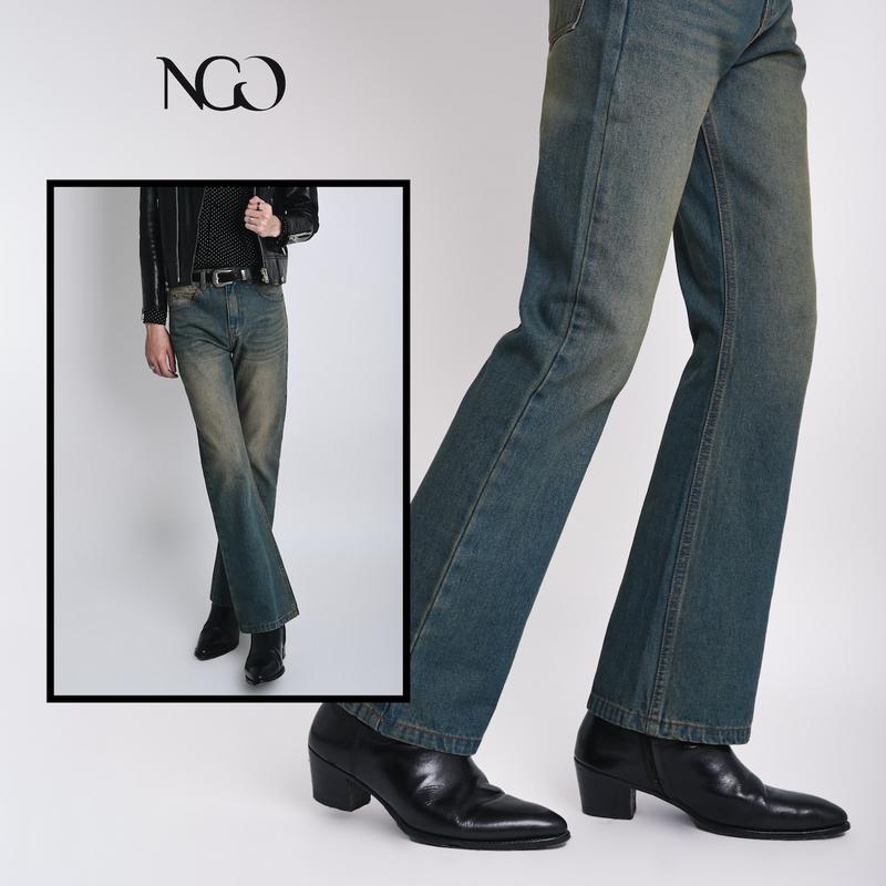 NGO Quần jeans nam Ống Loe vải dày dặn Xanh Cổ Điển - Vintage Blue Flare Jeans