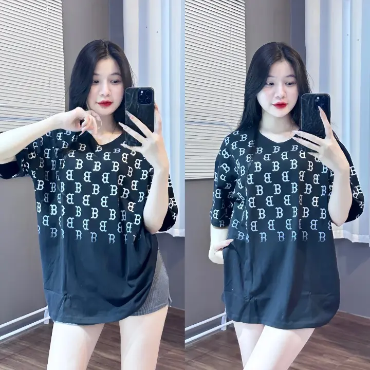 Áo phông chữ B in nửa thân chất cotton khô 3158 Nữ Top hot trend Women Cổ Tròn Màu Đen 1