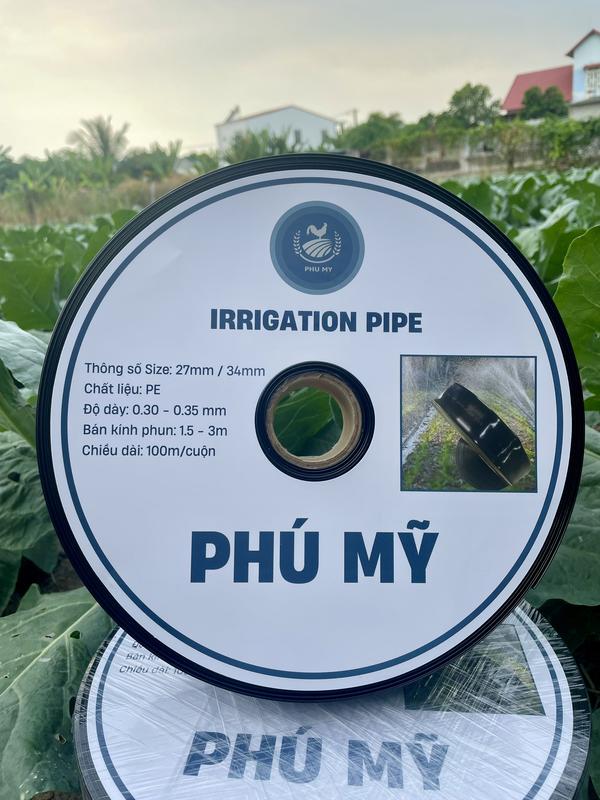  Ống dây tưới phun mưa PHÚ MỸ phi 34mm 5 lỗ chéo và 3 lỗ chéo dày 0.3mm dài 100m cho đồng ruộng vườn cây 