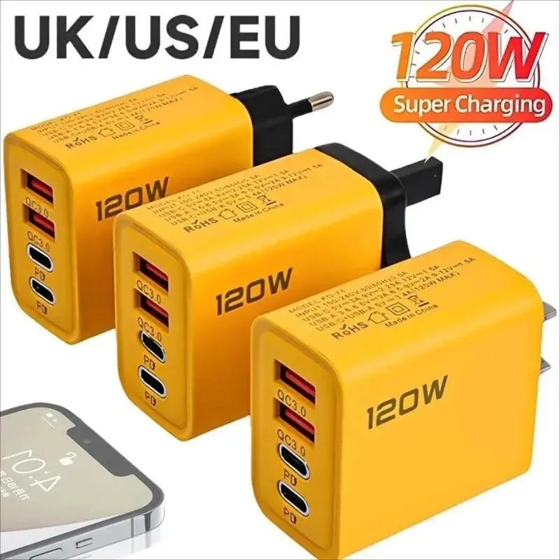 Pengecas Telefon, 120W Pengecasan Pantas, 4 Port, QC3.0, Pengecas USB Jenis C, Dwi PD, Penyesuai Dinding, Palam EU / AS / UK, Serasi dengan iPhone15 dan Xiaomi, [ Pphha] Accessories Kabel Lampu Tv