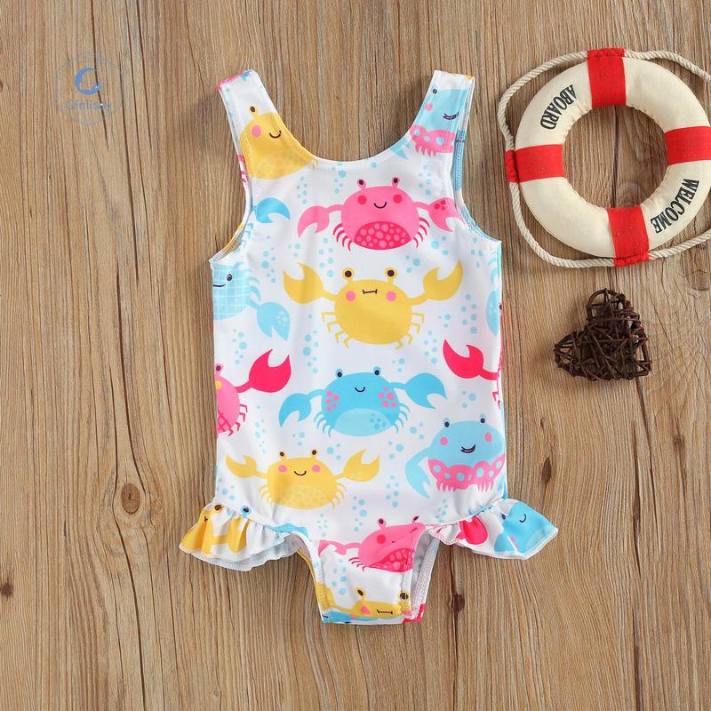 Qinlisey Breathable Little Girls One-piece Swimsuit, Summer Children Cute Crab/Donut Printing Sleeveless Swimwear for Vacation 1