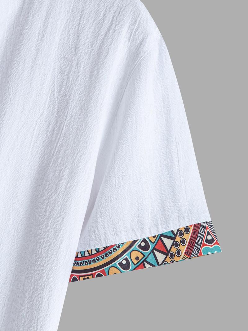 Product Introduction of Men's Contrast Trim Tribal Print Vintage Short Sleeve  Shirt, Regular Fit Casual Comfy Button Front Mock Neck Top for Summer, Fashion Men's Clothes for Daily Wear 9