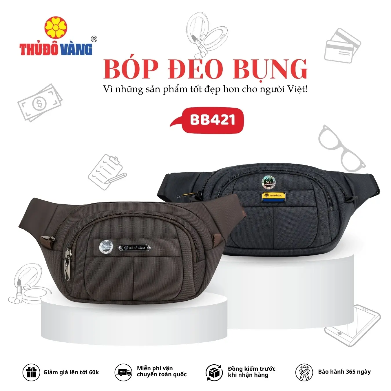 THỦ ĐÔ VÀNG Bóp đeo bụng, túi bao tử, đeo hông thể thao, đi chơi, chạy bộ có nhiều ngăn đựng BB421