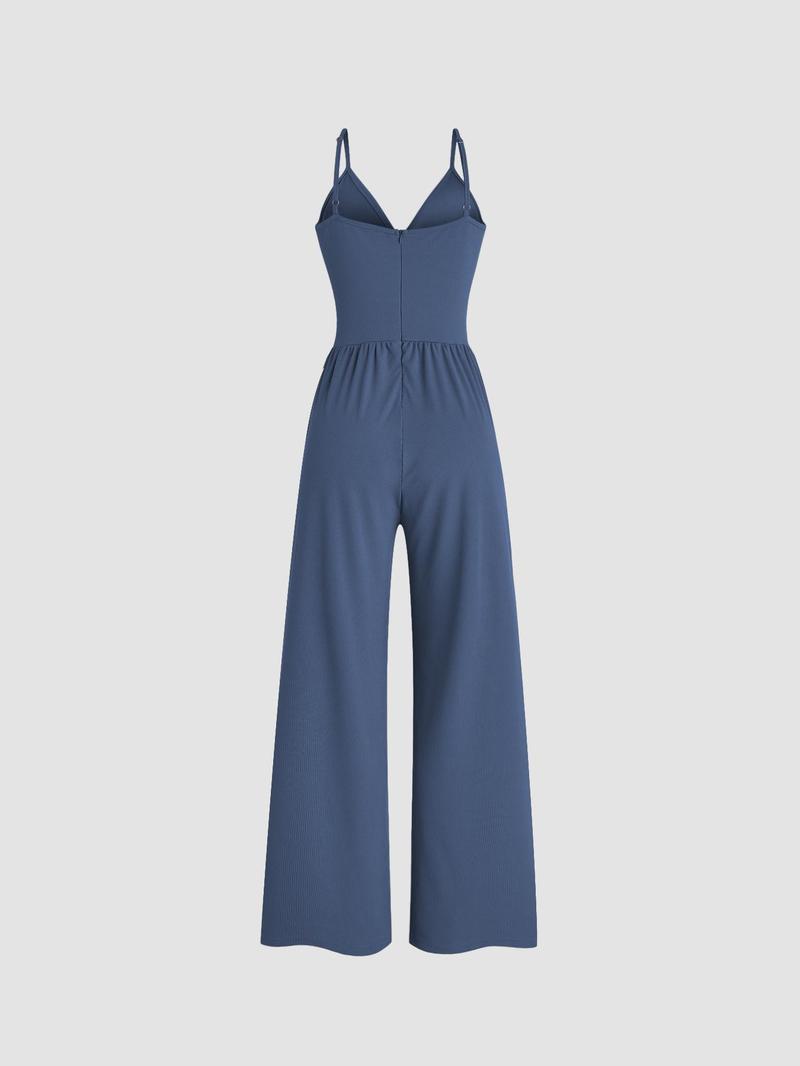 Product Introduction of Two-piece Set Women's Solid Color Lettuce Trim Mock Neck Sheer Lace Top & Pocket Wide Leg Cami Jumpsuit, Travel, Elegant Fashion Casual Two Piece Outfits for Daily Outdoor Wear, Women Clothes for Spring & Fall 14