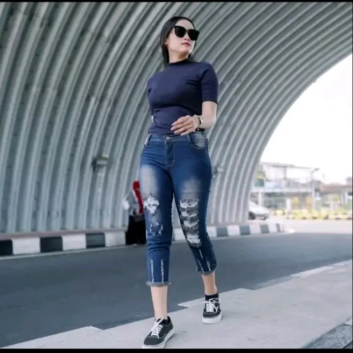 celana jeans pensil sobek jenner pant 7/9 bahan denim strech adem 5