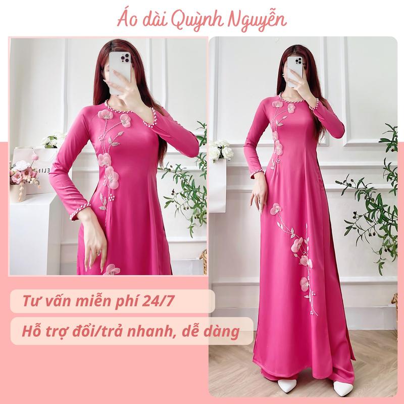  Áo dài thiết kế lụa tây thi kết hoa nổi hồng Kem - MÃ TK22 Nữ Women Dress Nhung Sen Voan 