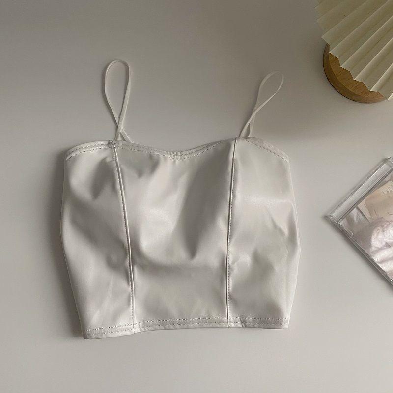 Product Introduction of European and American hot girl PU leather jacket, camisole, small vest, women's autumn outfit with chest cushion, short base shirt, top Lingerie Tube Lady Basic Minimalist Spaghetti Strap 13