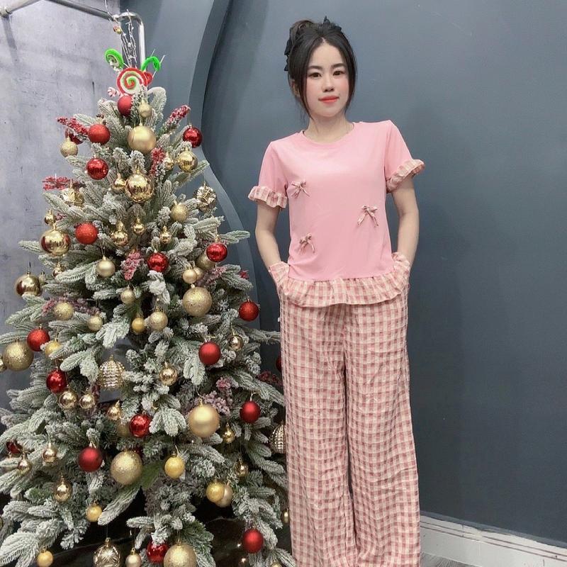 Sét bộ áo xoè bèo phối quần suông caro nhung thời trang  Women Nữ 7