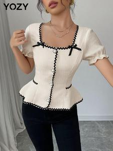 YOZY Women's Contrast Trim Bow Decor Puff Sleeve Button Blouse, Elegant Square Neck Short Sleeve Top for Daily Wear, Ladies Clothes for All Seasons