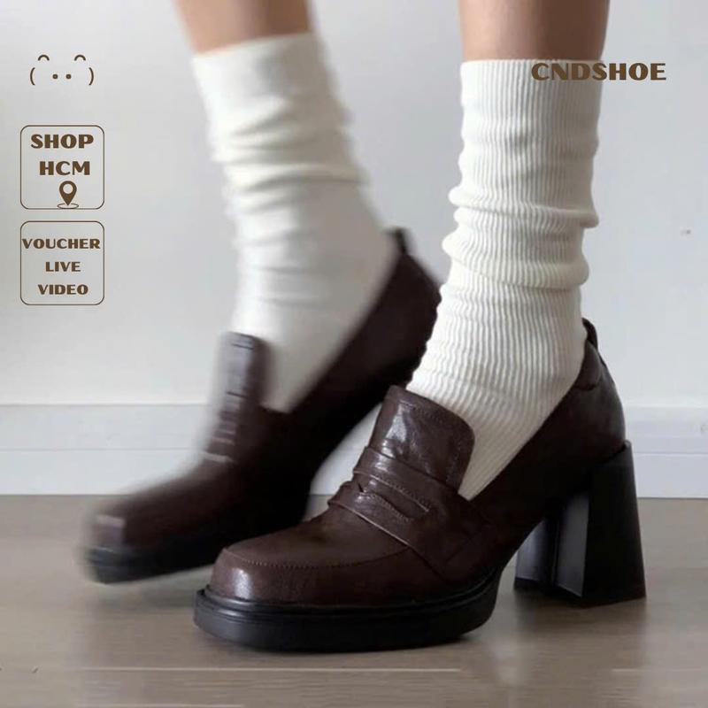 Cndshoe - Giày Cao Gót Nữ Mũi Vuông Chunky cndshoe Giày Lười 8CM Dáng Oxford Penny Shoes, Không Bí Chân giay got vuong nu