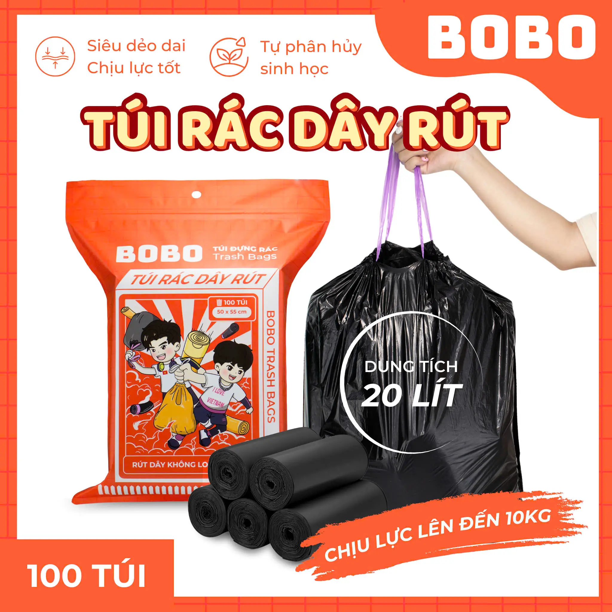 Túi đựng rác BOBO BỊCH 100 TÚI có dây rút treo tường chất liệu HDPE siêu chịu lực, chống thấm nước không lo bẩn tay bịch đựng rác túi rác có dây rút