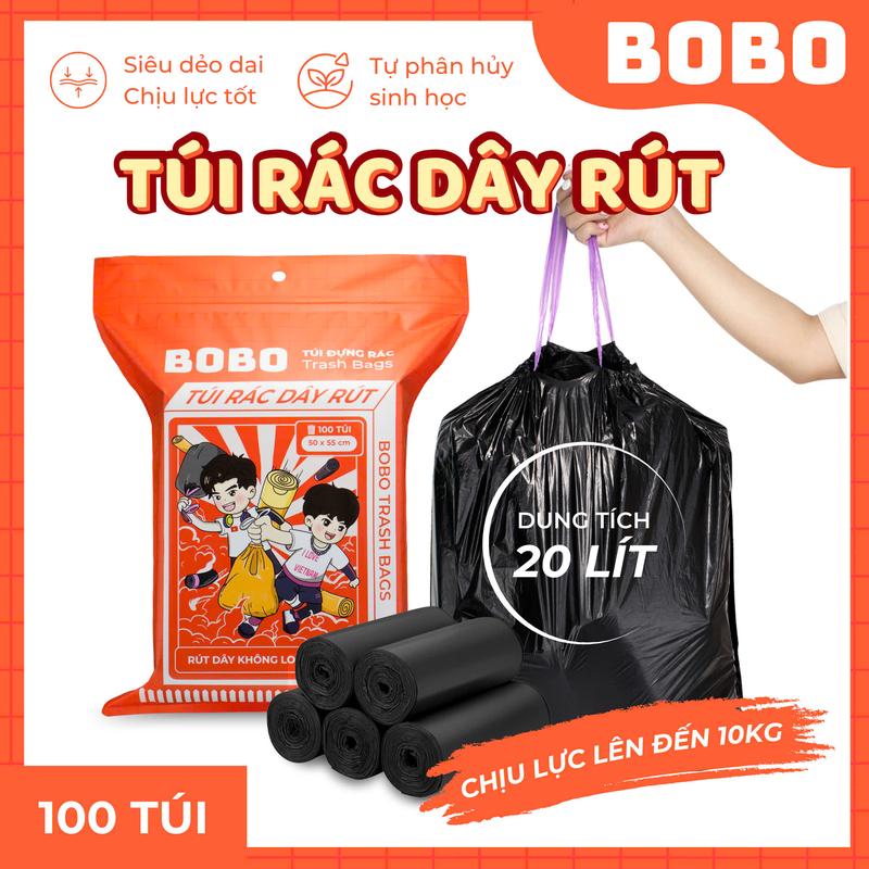 Túi đựng rác BOBO BỊCH 100 TÚI có dây rút treo tường chất liệu HDPE siêu chịu lực chống thấm nước không lo bẩn tay bịch đựng rác túi rác có dây rút