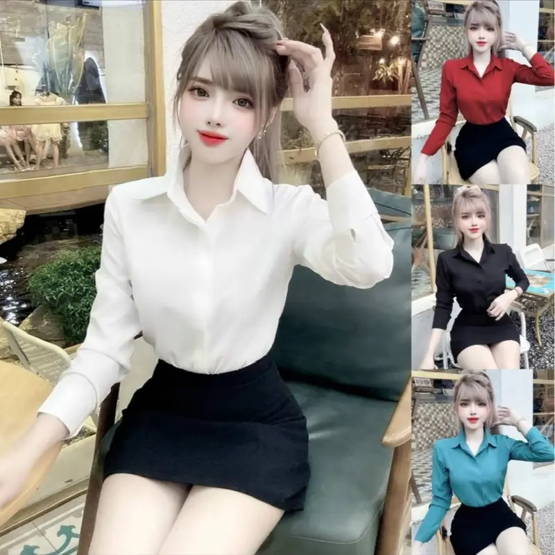 áo sơ mi nữ tay dài kiểu công sở nẹp giấu nút chất vải lụa cát hàn 1