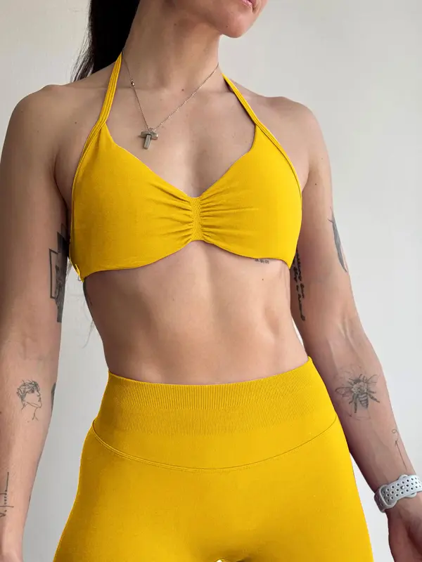Women's Solid Color Ruched Design Halter Sports Bra, Casual Comfy Breathable Backless Bra for Yoga Gym Workout, Ladies Sportswear for All Seasons, Workout Clothes Women 8