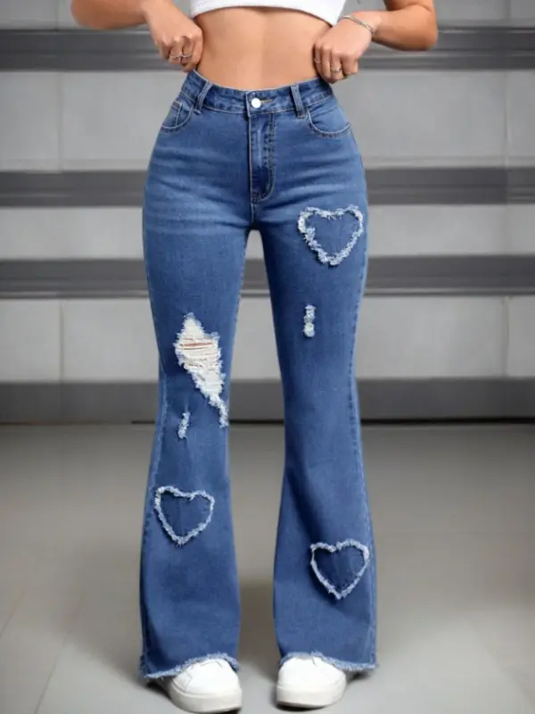 Women's Ripped Flare Leg Jeans, Fashion Casual Button Pocket Denim Pants for Daily Outdoor Wear, Ladies Bottoms for Summer 6